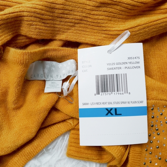 Nwt Carolyn Taylor Golden Yellow Embellished Pullover Sweater With Scarf Size XL - Picture 5 of 7